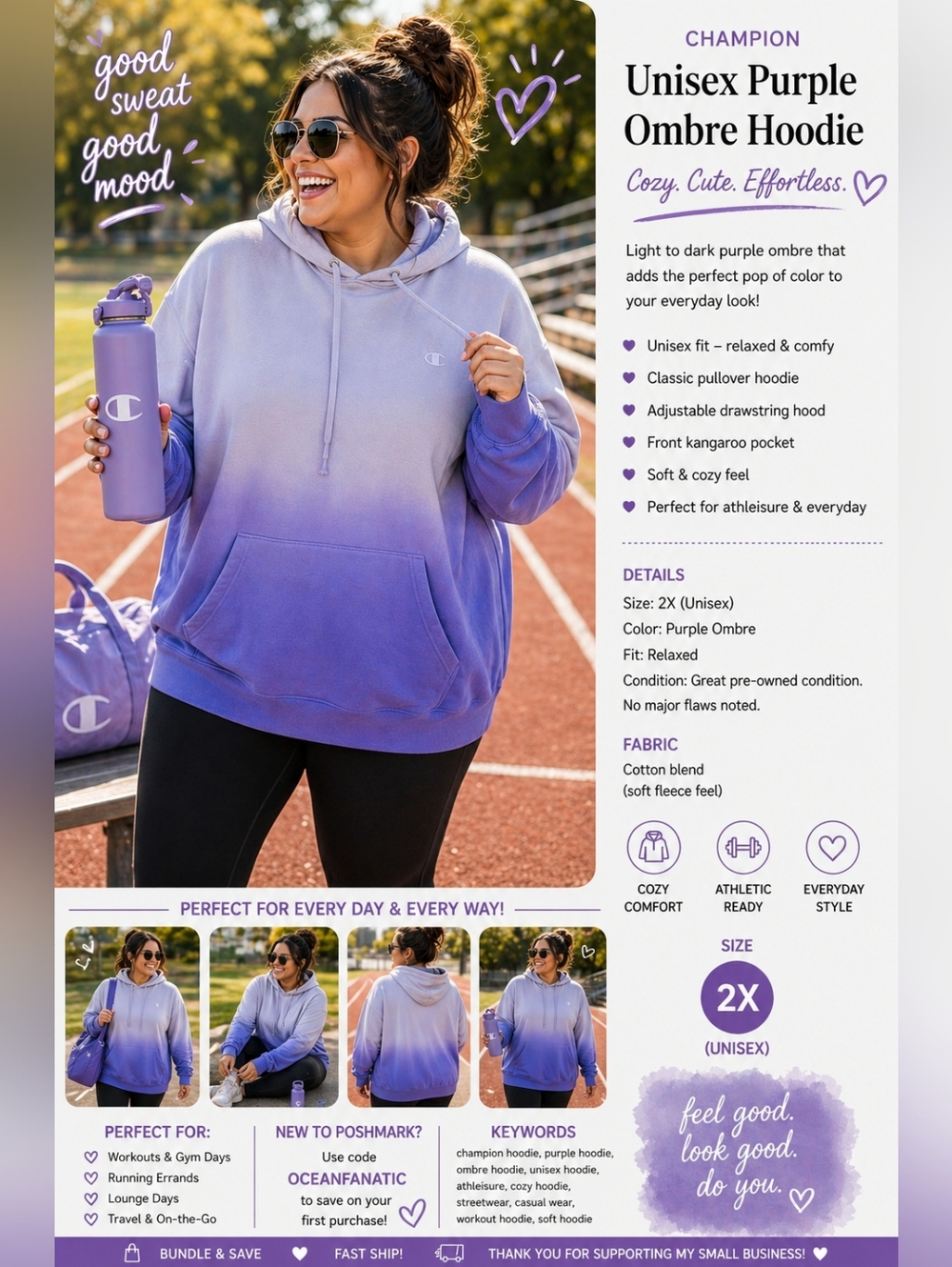 Champion Unisex Purple Ombre Hoodie | Cozy Athletic Vibe | Size 2x - Picture 3 of 11